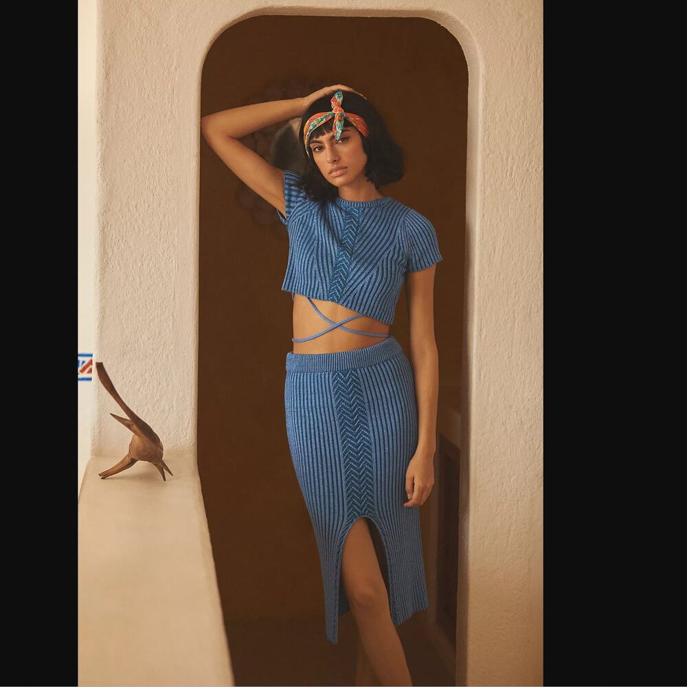 NWT Anthropologie Blue Knit Midi Skirt Set - Small